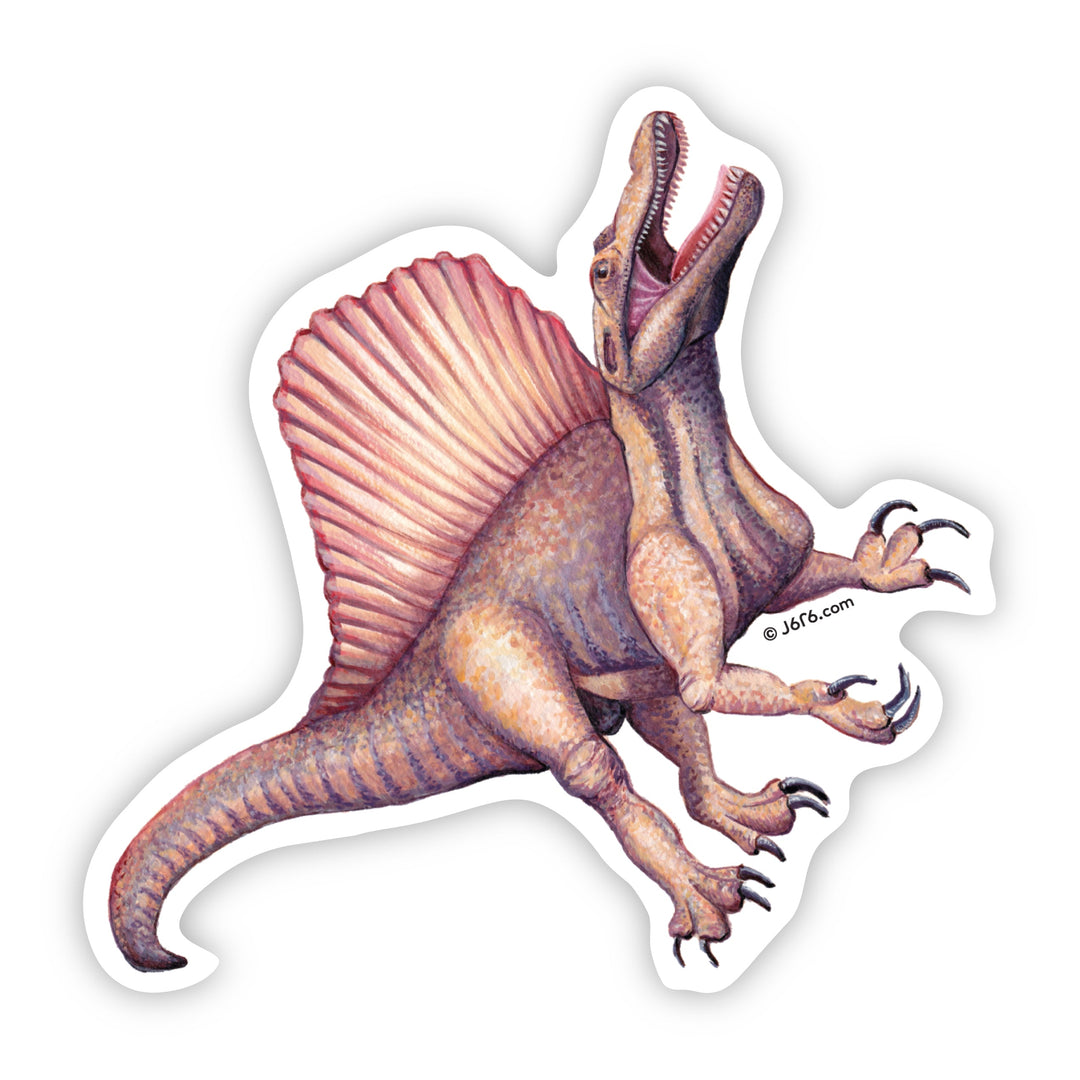 Sticker of a Spinosaurus with a prominent sail on its back, on a white background.