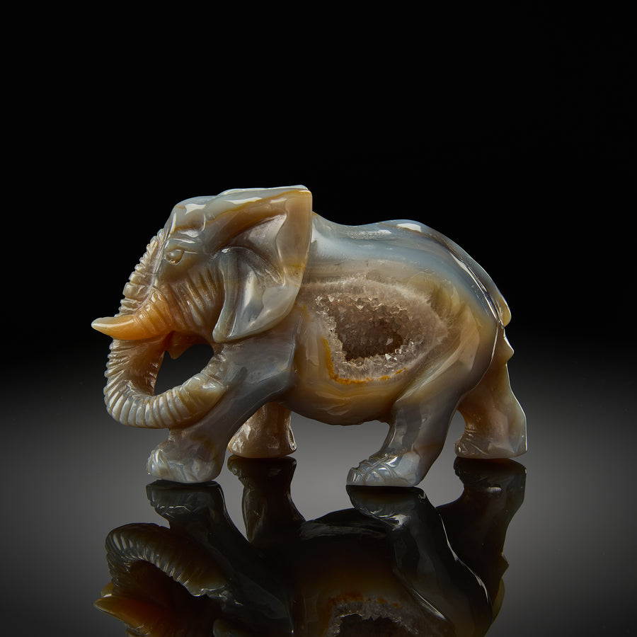 a carving of an elephant with its trunk down, carved out of an agate geode. Crystals from the geode can be seen at the center of the piece, located at the elephants abdomen. The trunk and face of the elephant is detailed. The piece is set against a black background to help the browns, greys, and pale blues of the agate stand out.