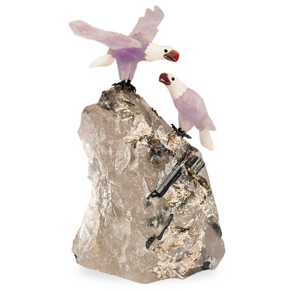Amethyst Eagles on Tourmaline Carving