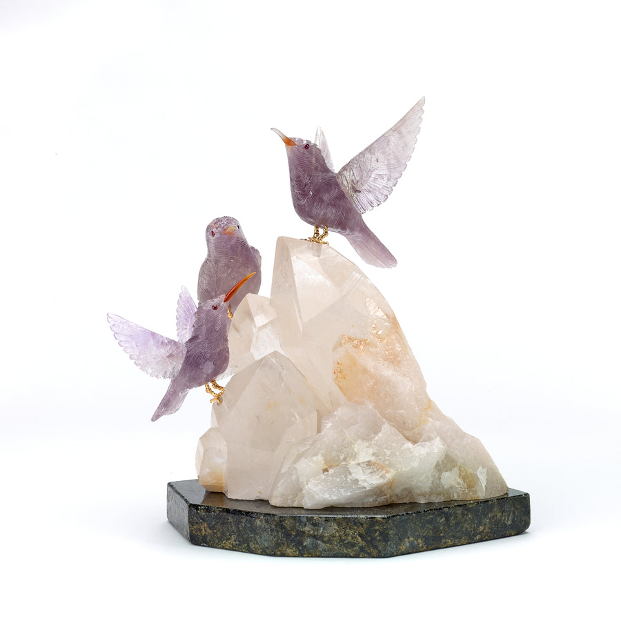 Lavender Hummingbird Trio on Quartz Carving