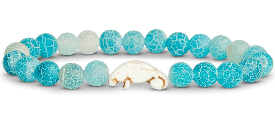 aqua blue beaded bracelet with a manatee bead on white background