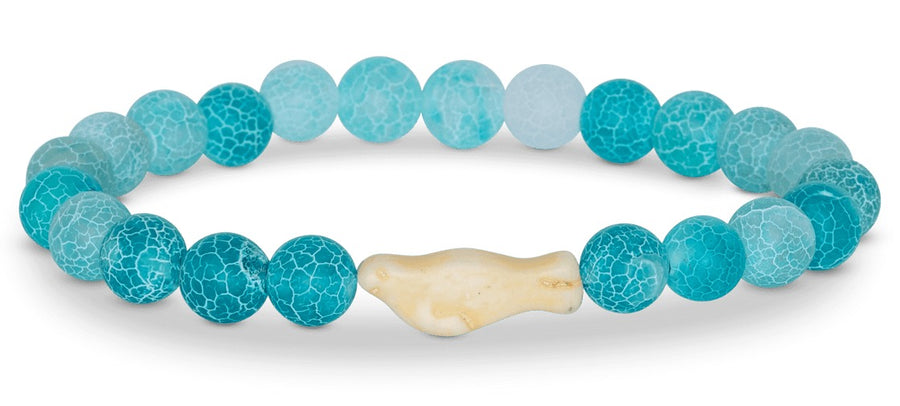 blue beaded bracelet with a seal bead on white background