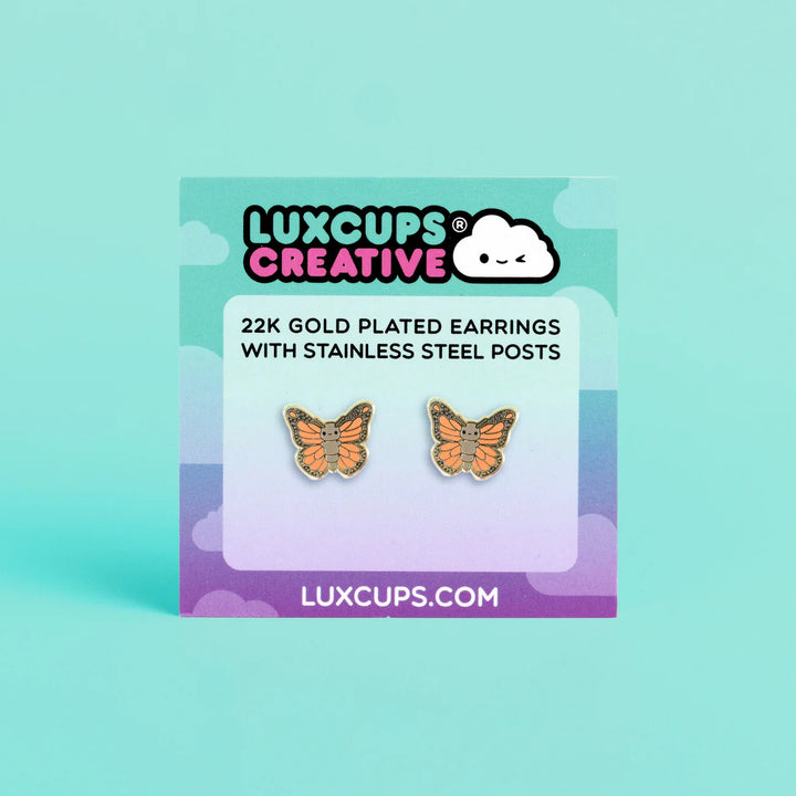 Monarch Butterfly Stud Earrings, 22k Gold Plating