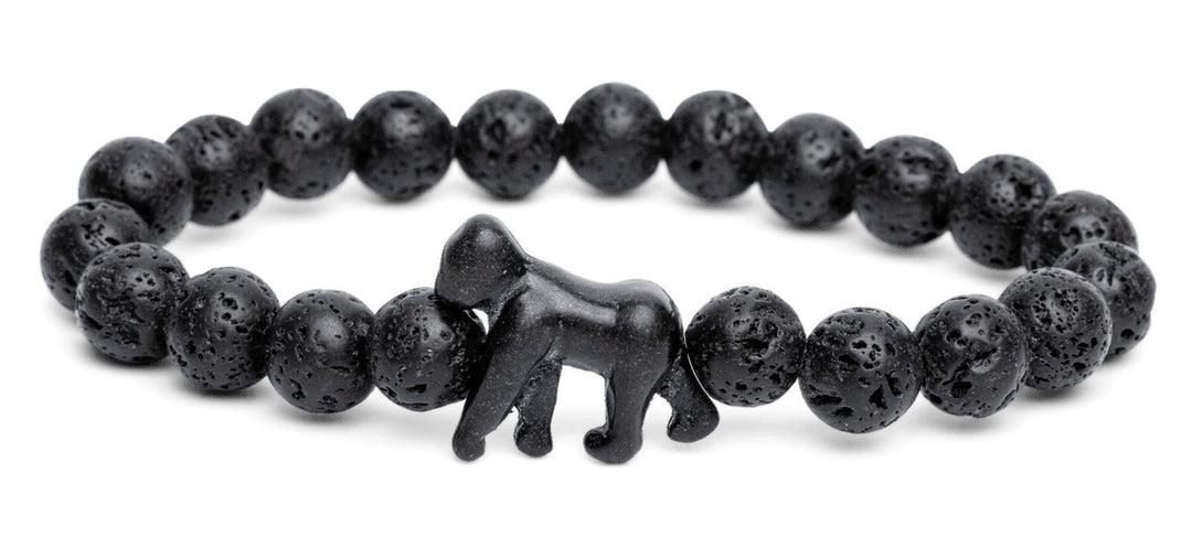 a black beaded bracelet features a gorilla bead on a white background