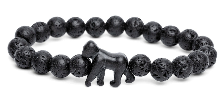 a black beaded bracelet features a gorilla bead on a white background