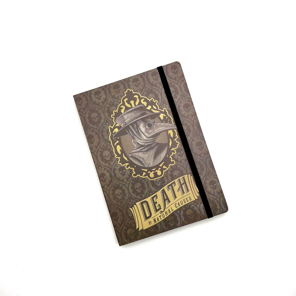 black softbound journal with plague doctor graphic and exhibit name "Death by Natural Causes" on the cover, against a white background