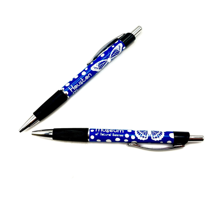 blue butterfly pen with polka dots and white decals