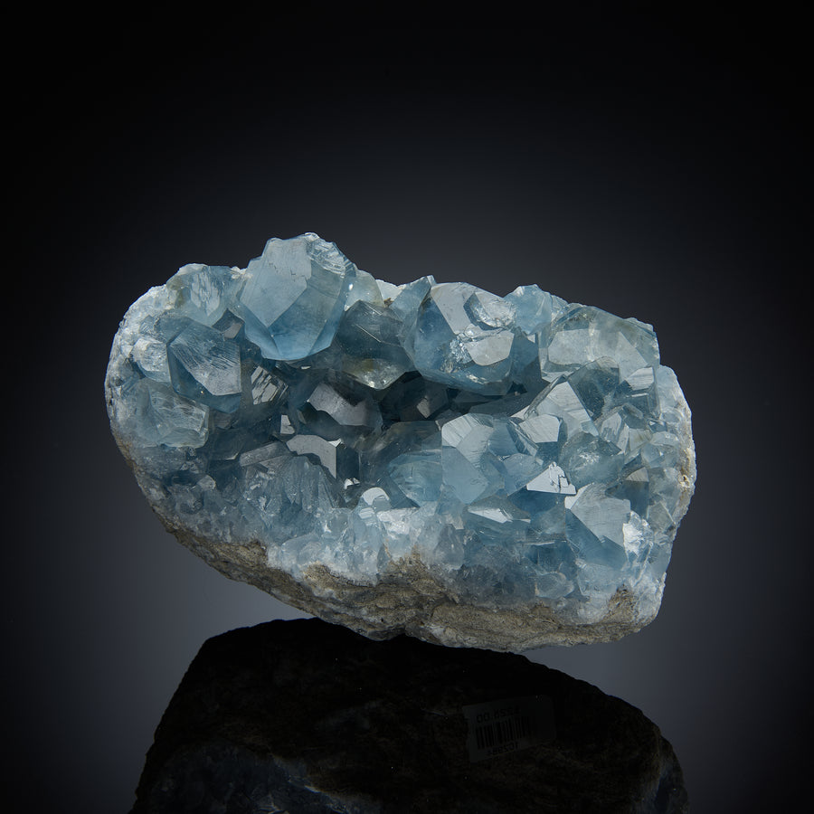 a celestite geode with light blue crystals inside, set against a black background