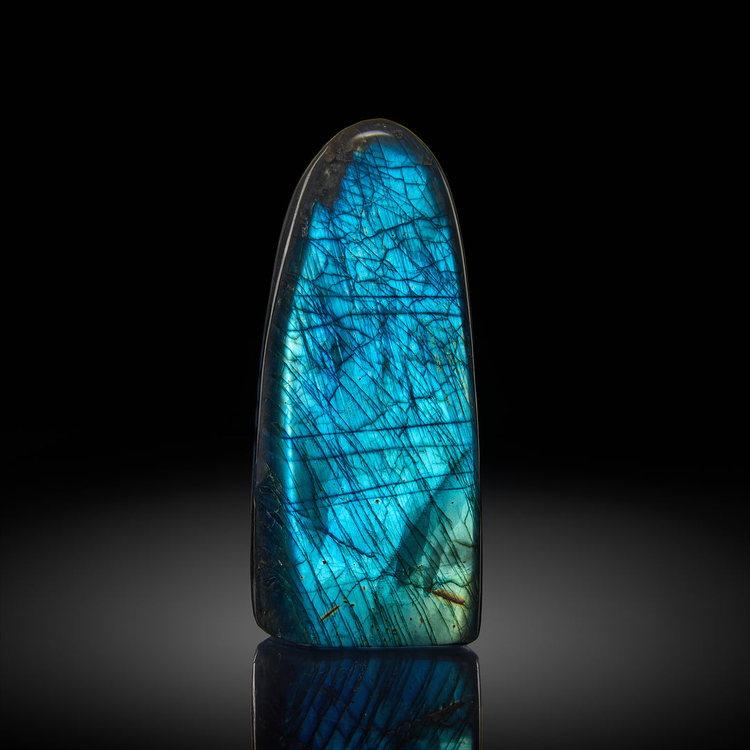 a peacock blue labradorite specimen against a black background