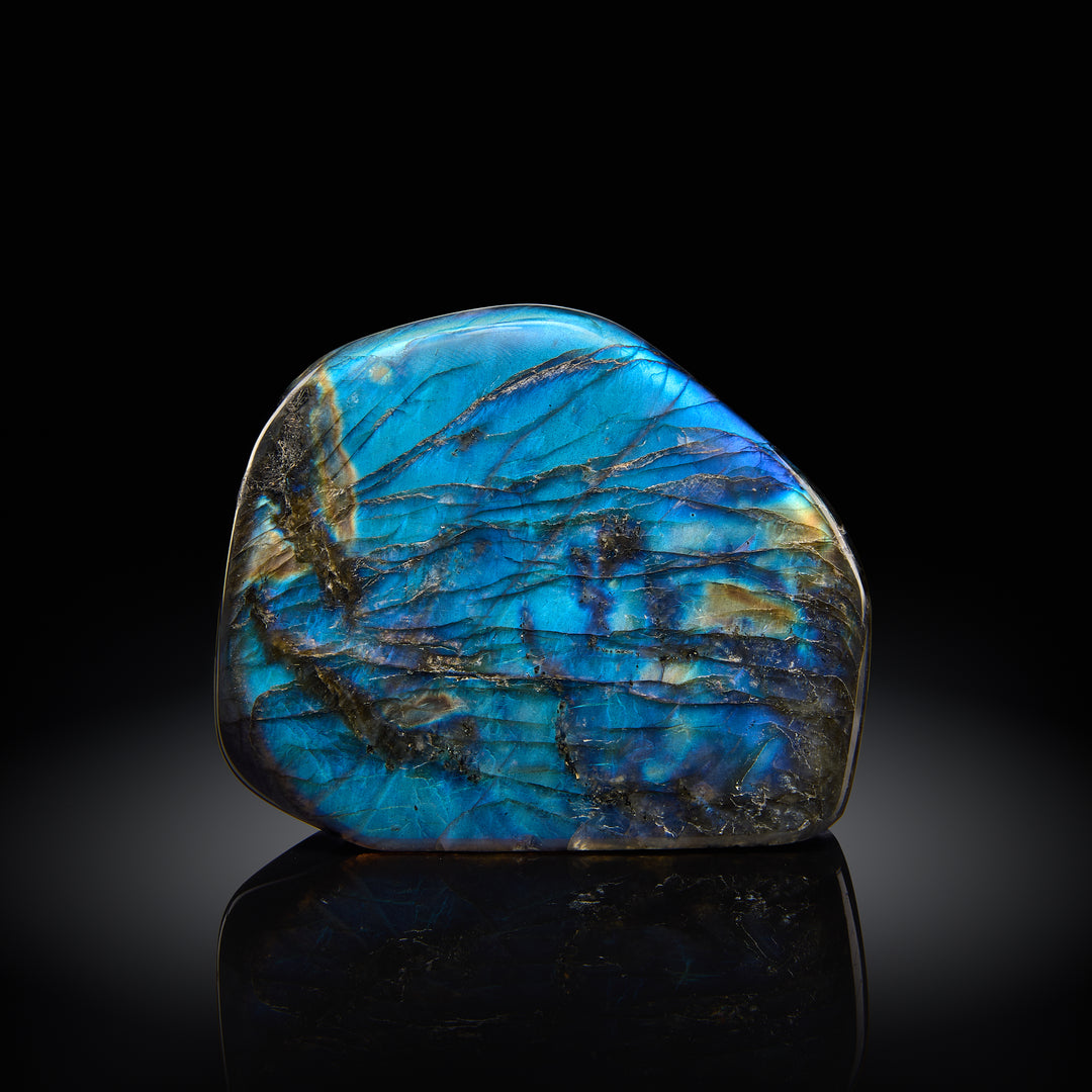 a peacock blue labradorite specimen against a black background