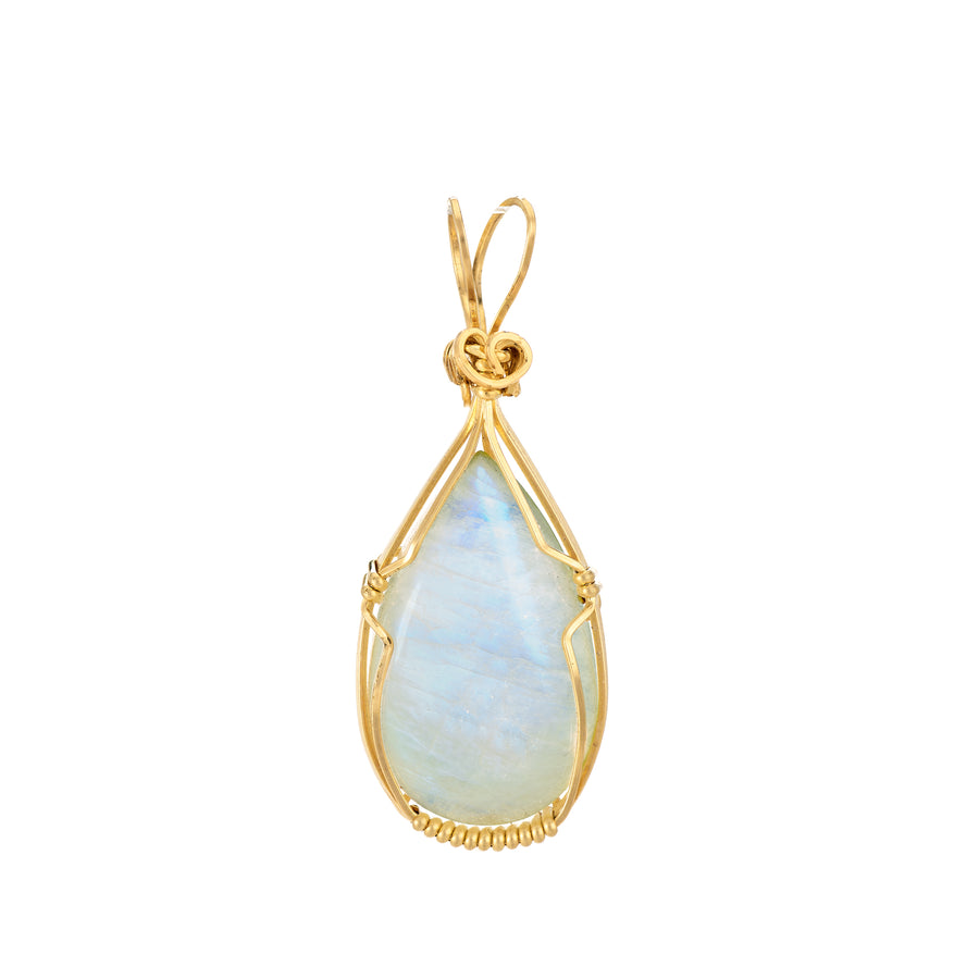 Gold pendant with a teardrop-shaped light blue stone on a white background
