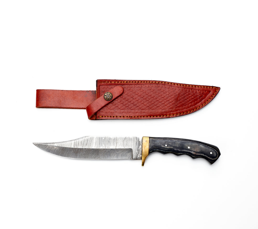 A Damascus Bowie knife with a wooden handle and a red leather sheath, displaying the blade and the handle against a white background.