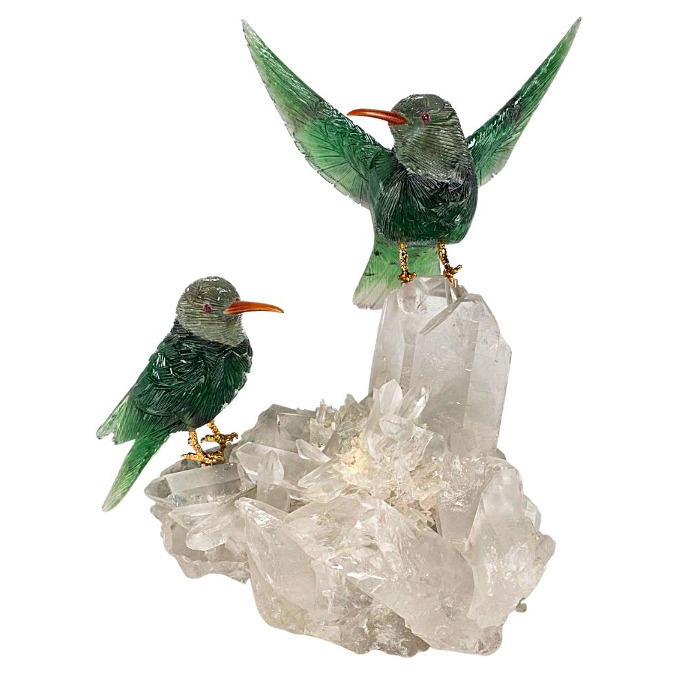 Carved Fluorite Hummingbird Pair on Quartz
