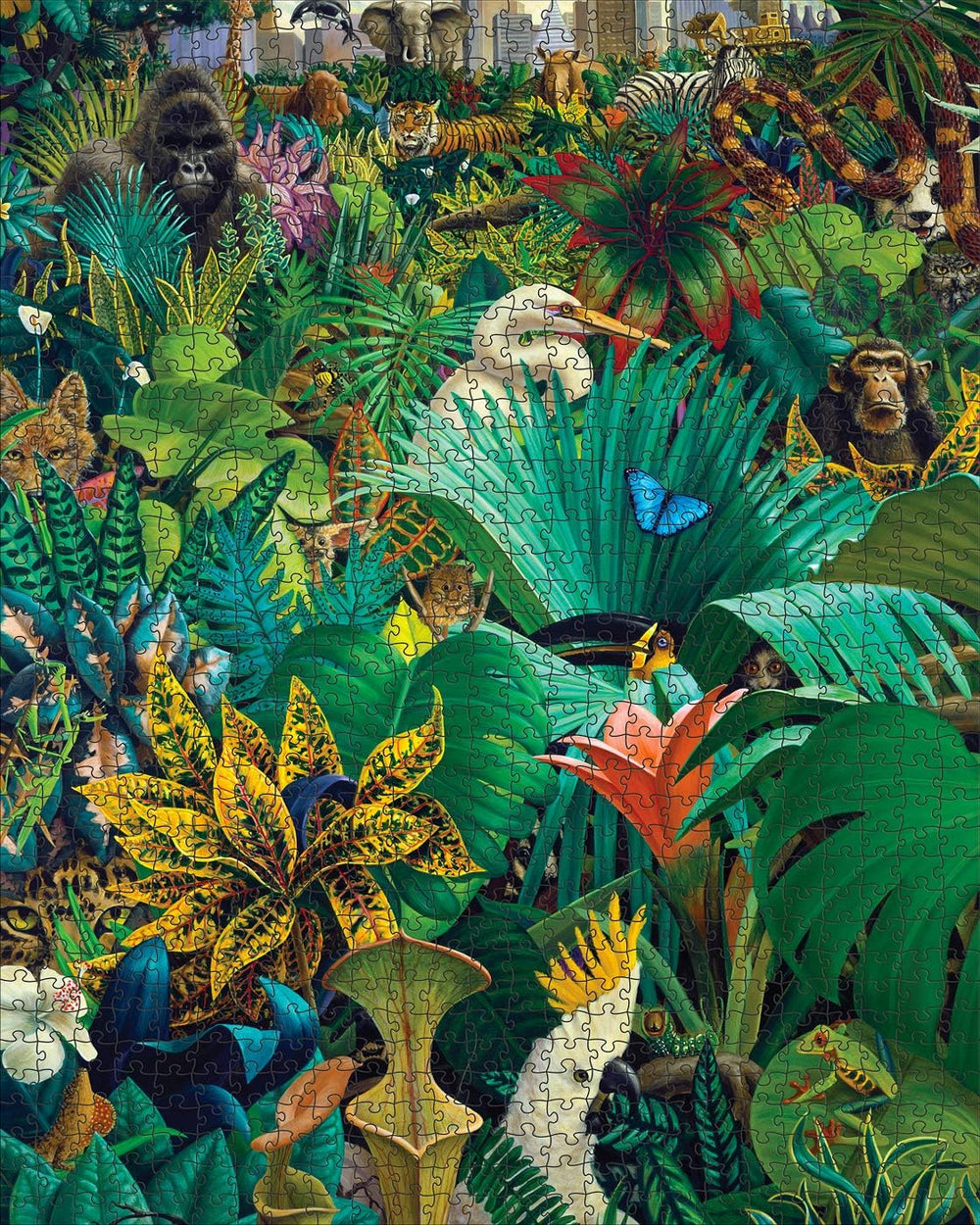 Puzzle pieces assembled to display a jungle full of animals from the African and Asian continents against a metropolitan background. 