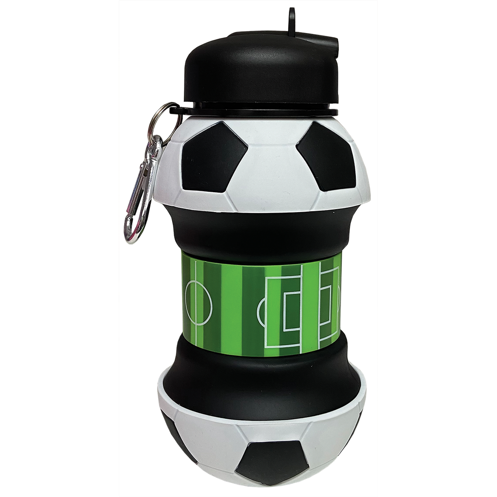 Collapsible Soccer ball-shaped water bottle extended to show soccer field middle, with black and white design on a white background