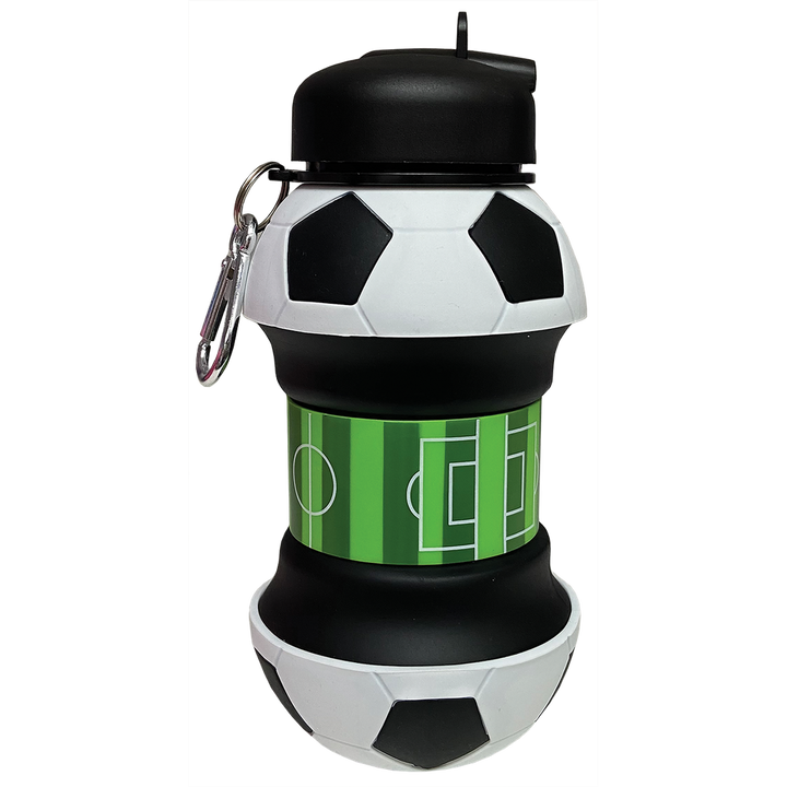 Collapsible Soccer ball-shaped water bottle extended to show soccer field middle, with black and white design on a white background