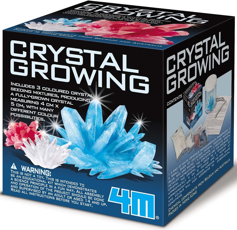 Box for a crystal growing kit with colorful crystals on a white background