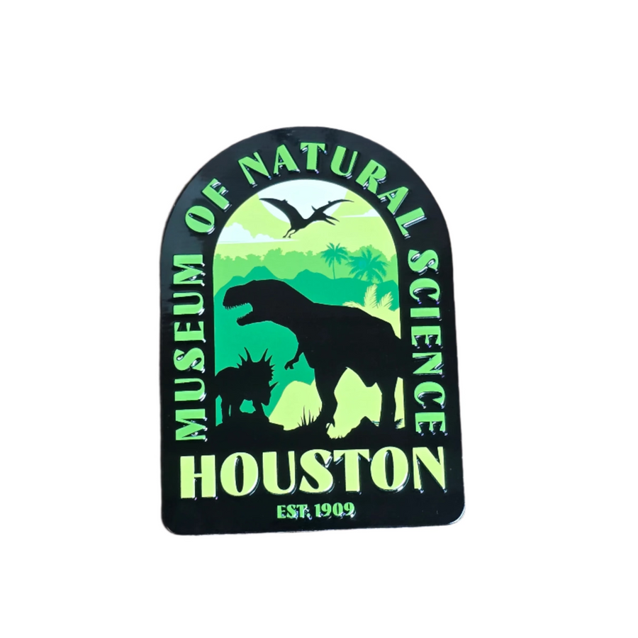 A magnet in the shape of an arch showcases the museum's name and silhouettes of dinosaurs