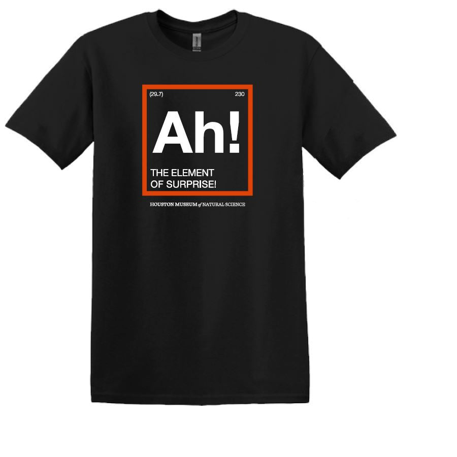 Black youth t-shirt with the text 'Ah! THE ELEMENT OF SURPRISE' on it, presented in a science theme.