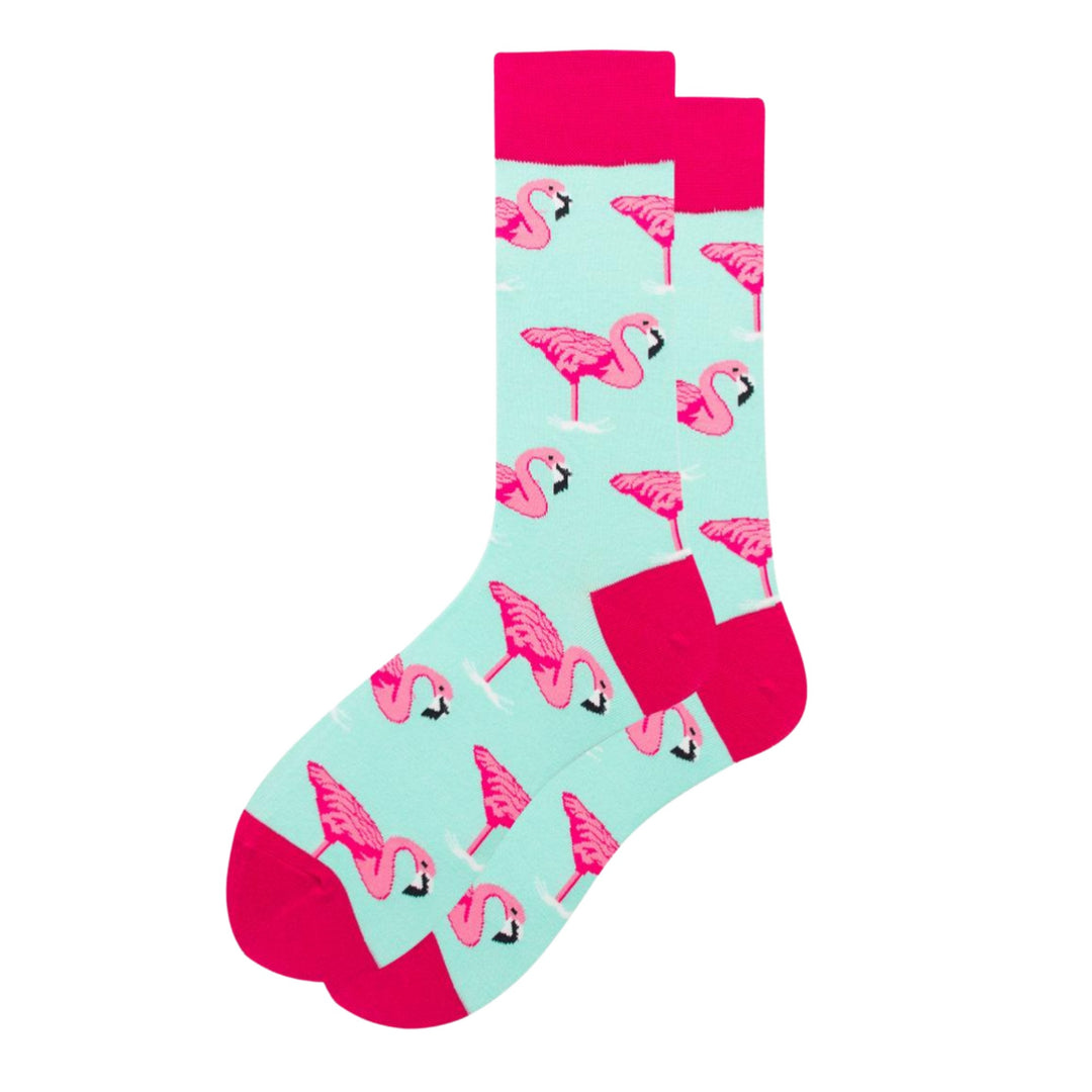 pink and blue socks with pink flamingos on them. hot pink detailing at the top, toe, and heel of the socks, set against a white background.