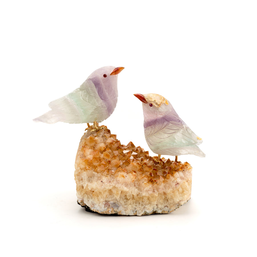 Two carved birds made of fluorite with garnet eyes and agate beaks, perched on a citrine crystal base.