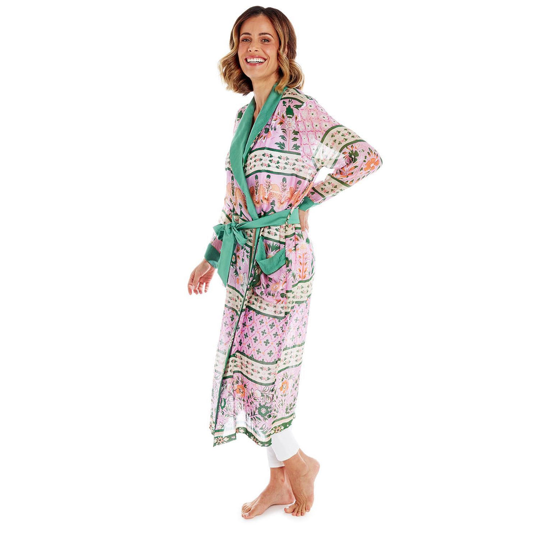 Folk Flower Robe Gown with Removable Waist Tie Closure