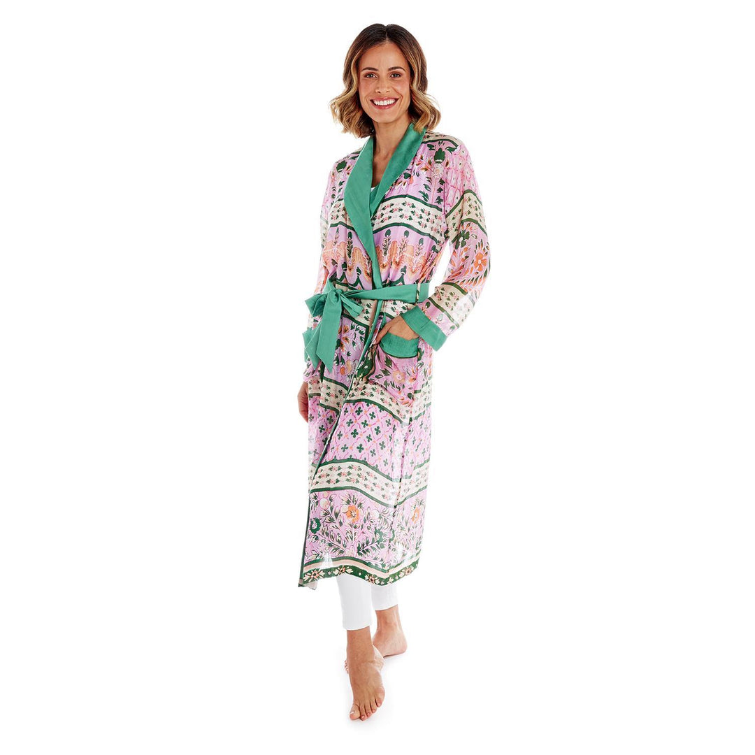 Folk Flower Robe Gown with Removable Waist Tie Closure