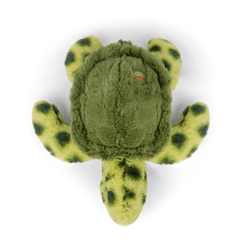 an aerial view of a green sea turtle plush toy on a white background