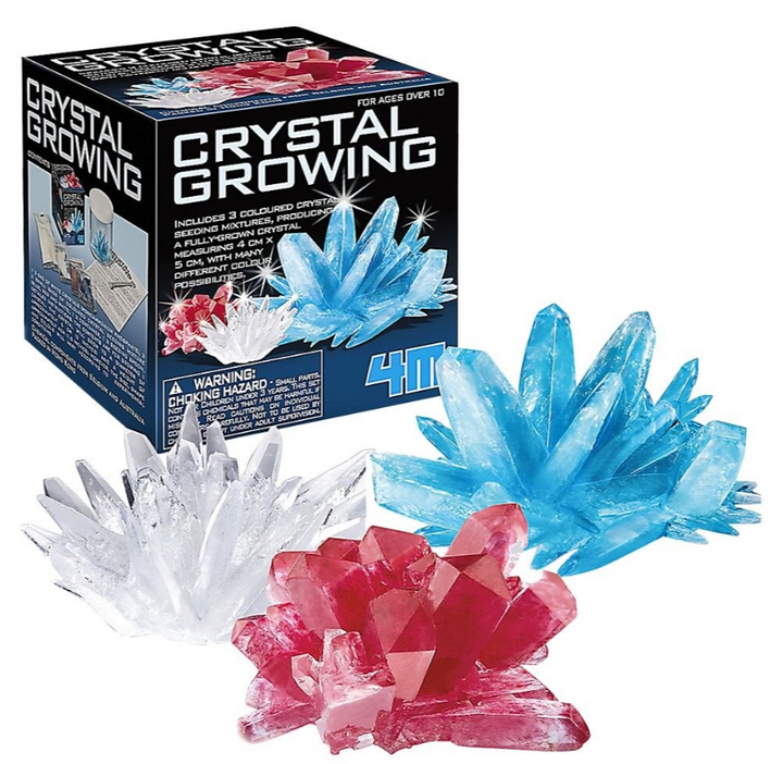 Crystal growing kit with crystals and packaging on a white background
