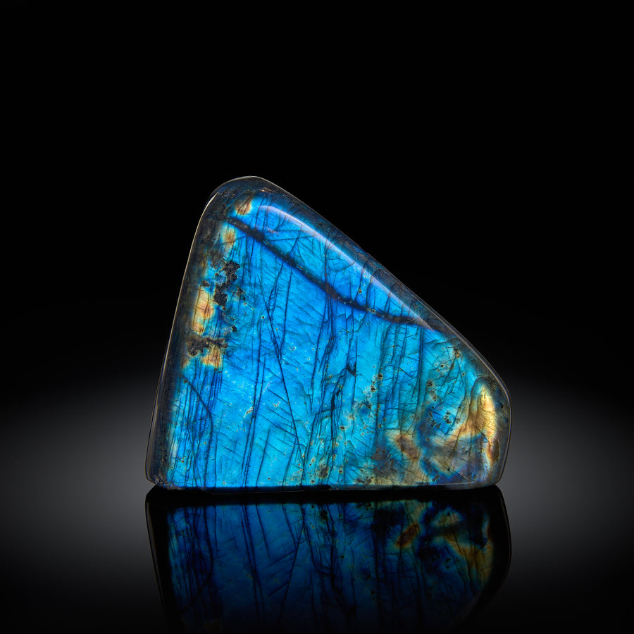 a peacock blue labradorite specimen against a black background
