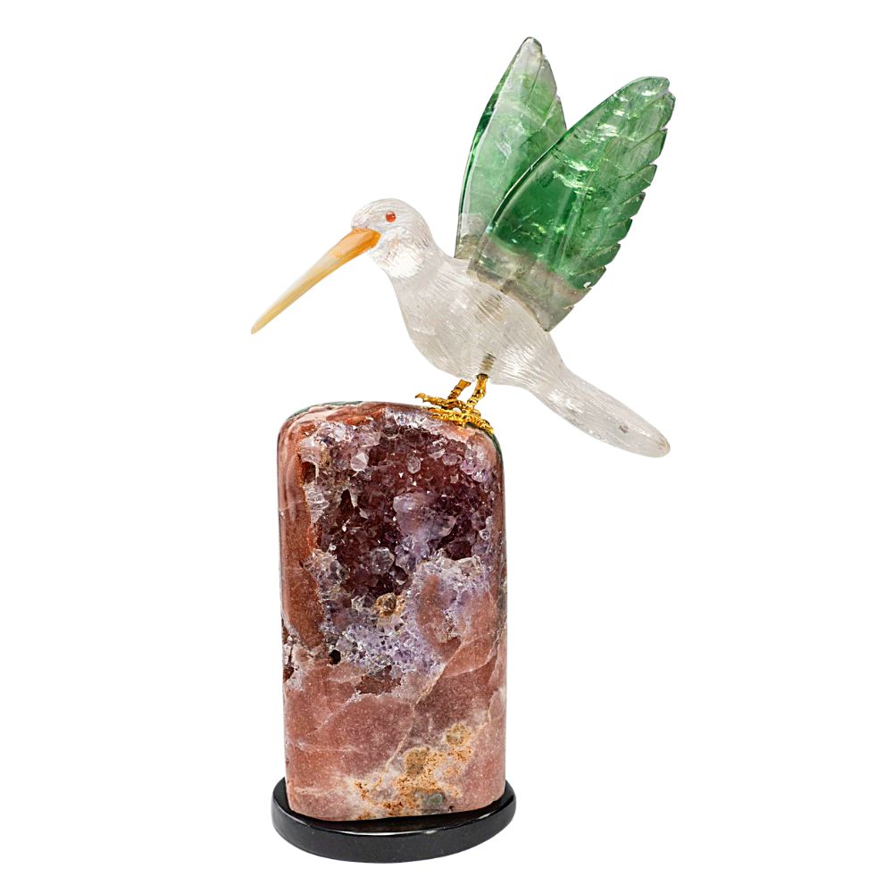 Large Quartz and Fluorite Hummingbird on Rose Amethyst