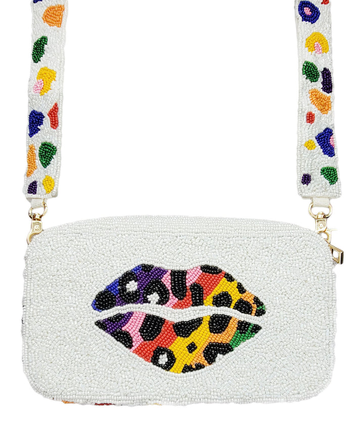 Rainbow Cheetah Lips Beaded Camera Bag