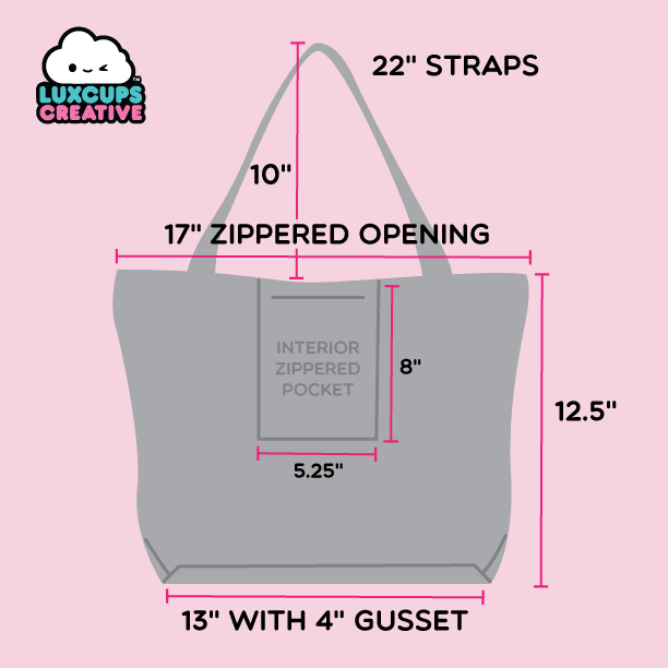 Gray silhouette of example tote bag with measurements on a pink background, featuring the Luxcups Creative logo.