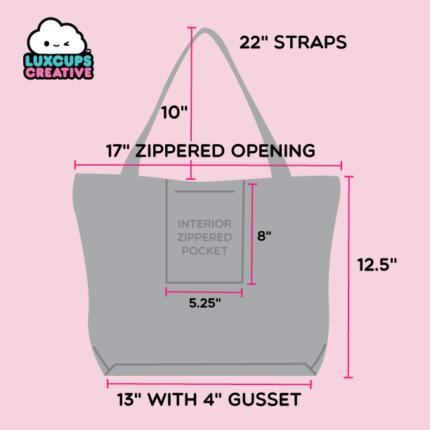 Dimensions of tote bags, 12.5 inches tall 17 inch zippered top
