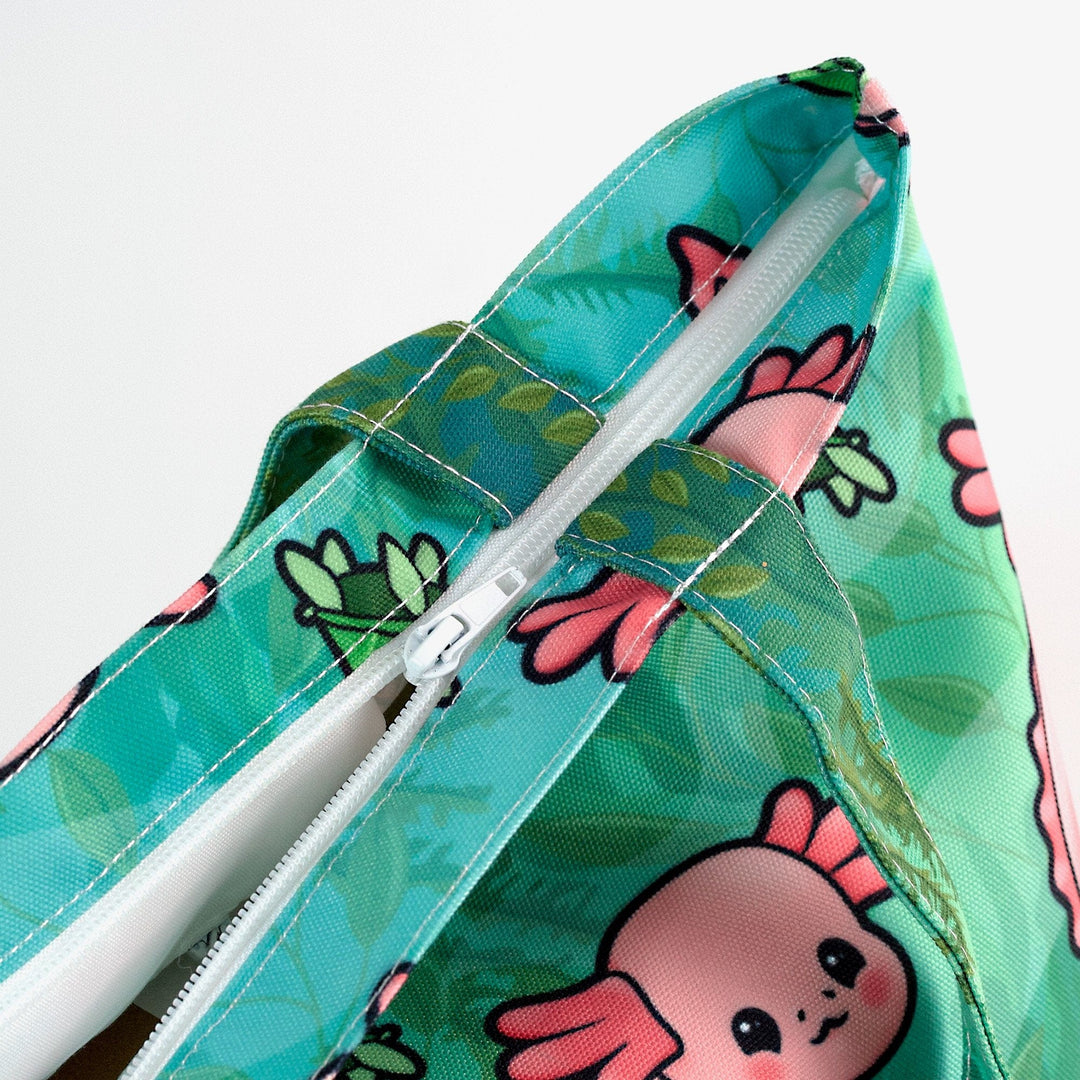 Close up of the Axolotl tote bag's zippered top