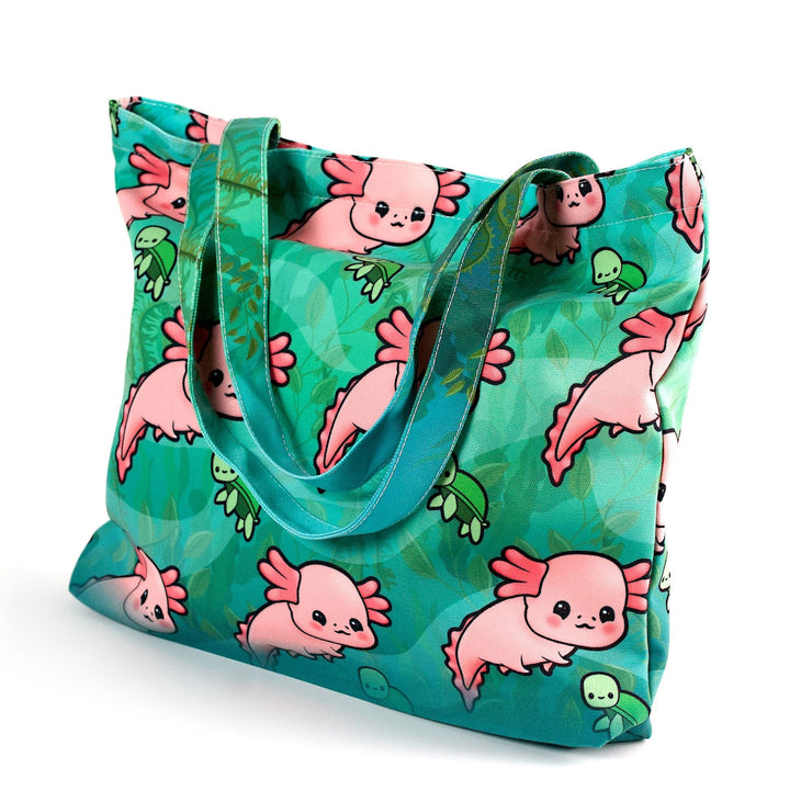 Axolotl tote bag with the straps hanging down