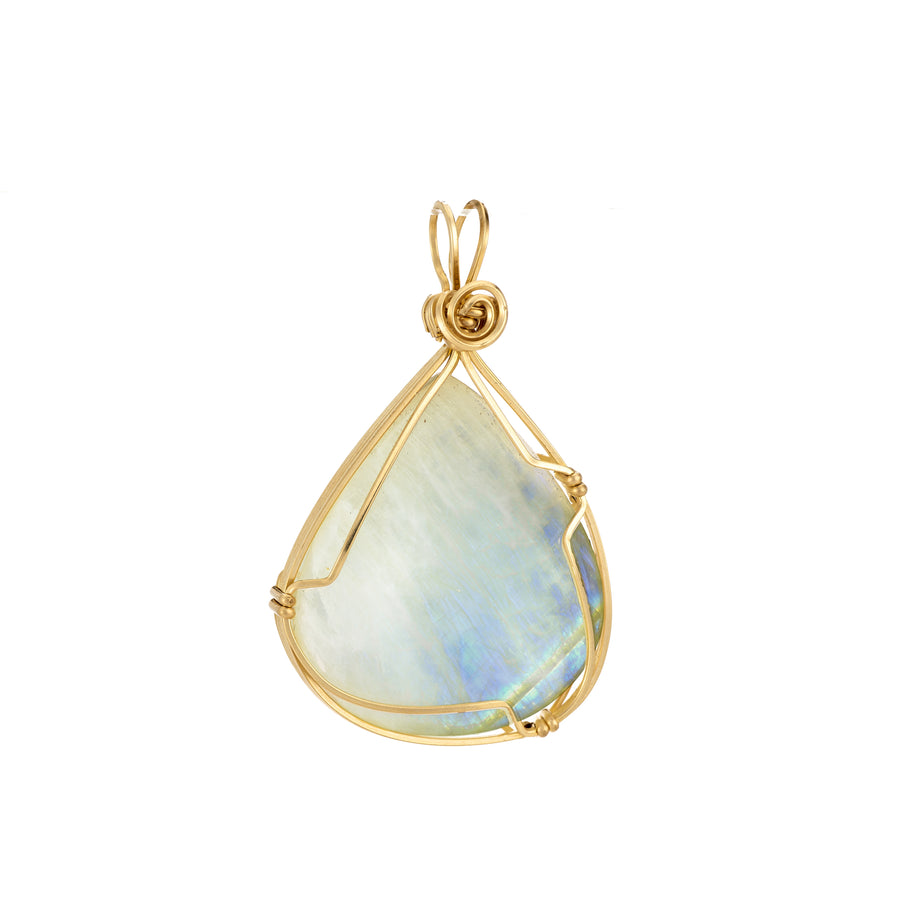 Gold pendant with a teardrop-shaped stone on a white background
