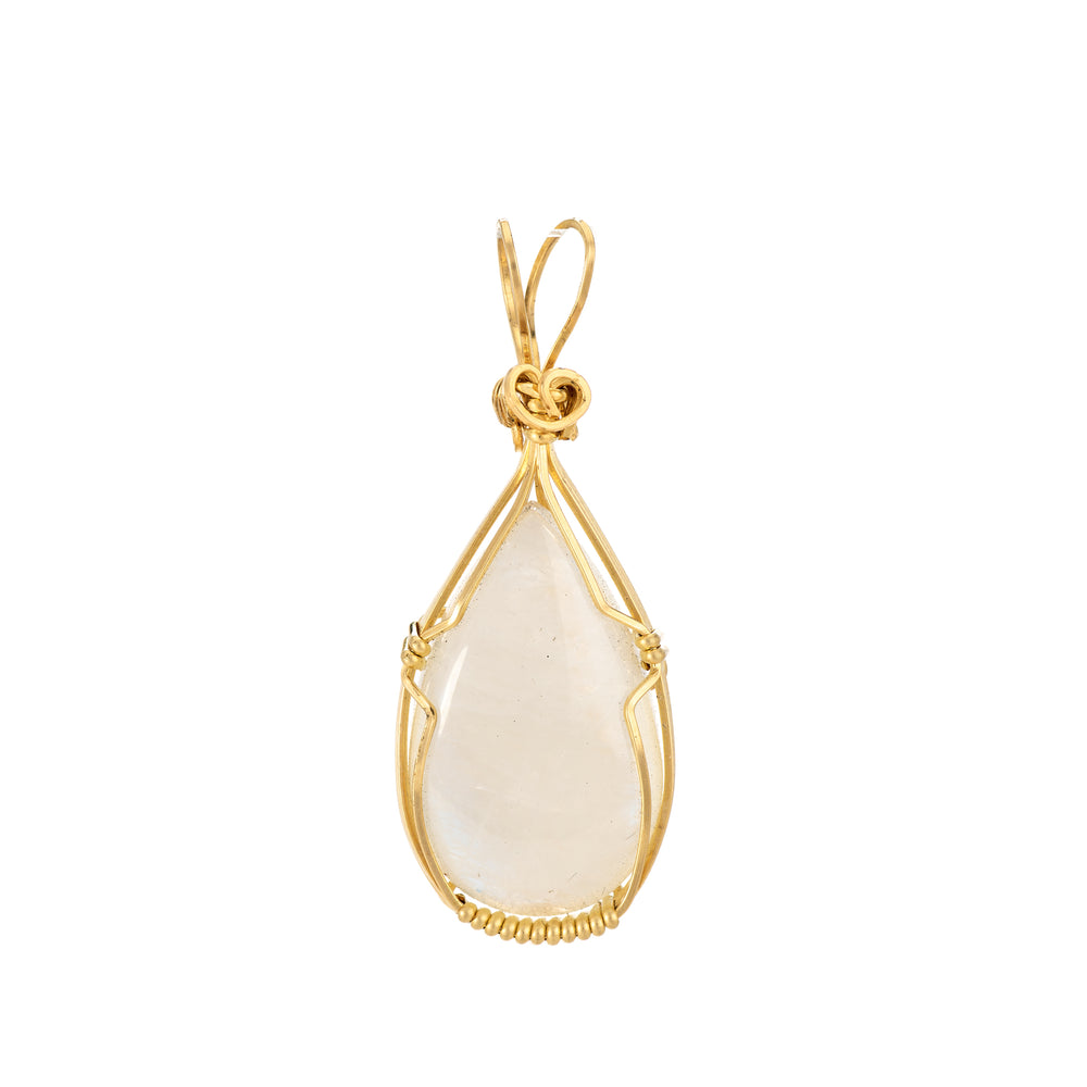 Gold pendant with a teardrop-shaped white stone on a white background