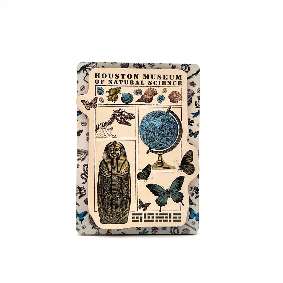 magnet with Houston Museum of Natural Science and naturalist illustration designs on a white background