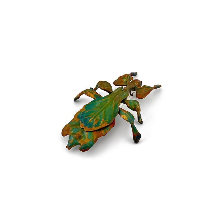 brass and green patina leaf insect brooch on a white background