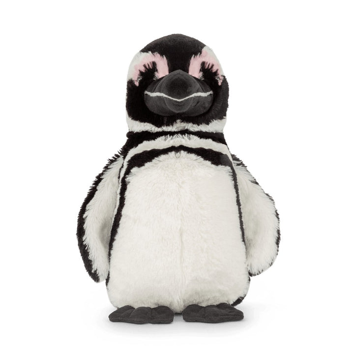 front view of a black and white penguin plush against a white background