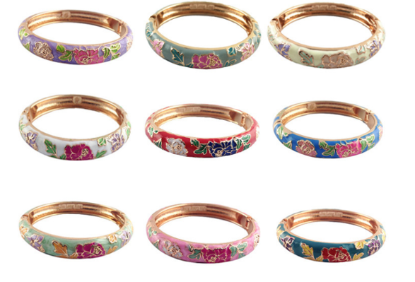 Enamel Peony Bangle Bracelet