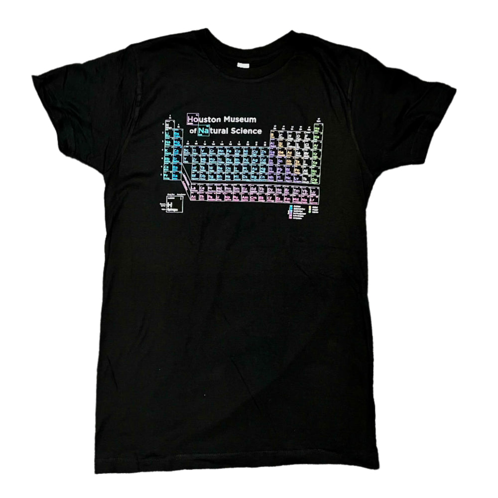 Black t-shirt with a periodic table design on a white background