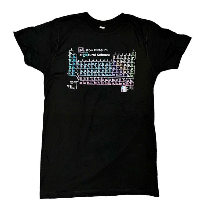 Black t-shirt with a periodic table design on a white background