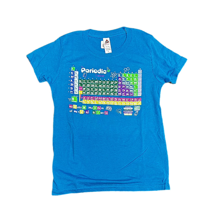 sky blue shirt for kids with a colorful periodic table on the front