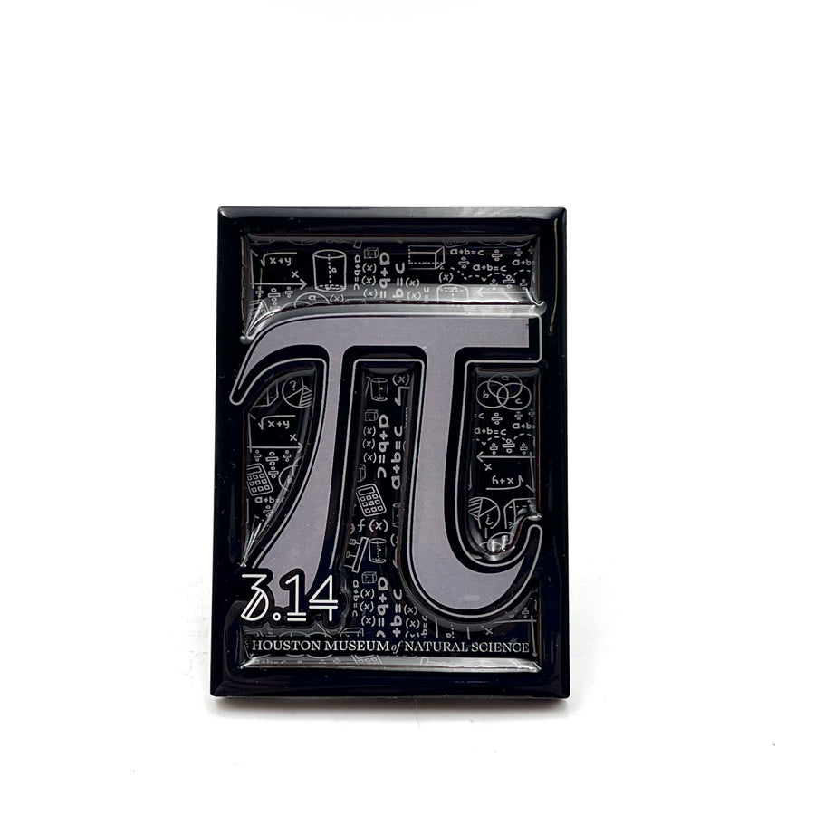 a grey-tone magnet featuring the Pi symbol, 3.14, and the museum name on a background of various math and geometry equations