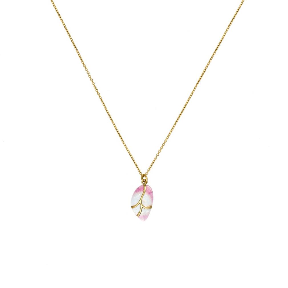 pink tourmaline and 18k yellow gold pendant on a gold chain