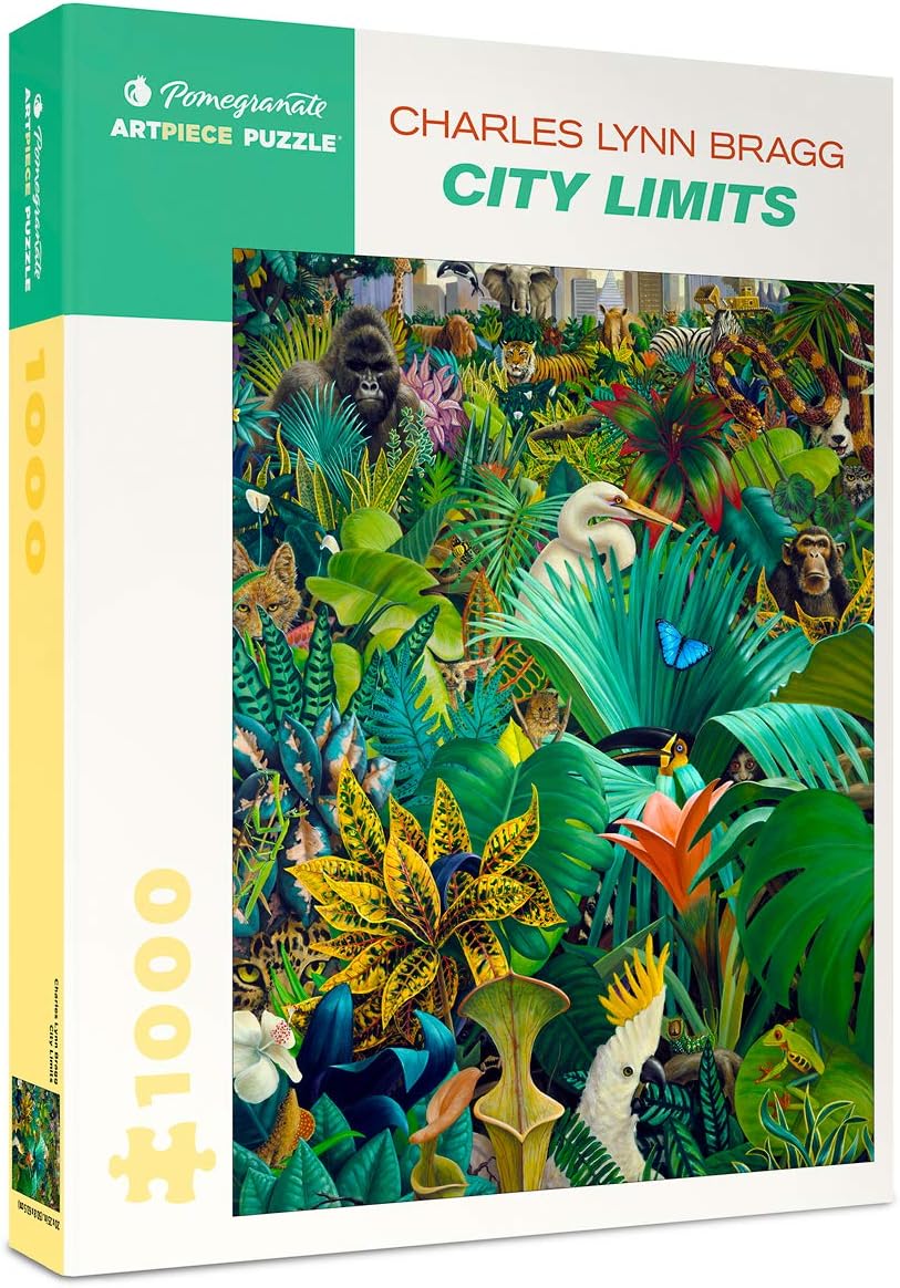 a white cardboard box on a white background featuring the puzzle's art- a jungle full of animals from the African and Asian continents against a metropolitan background. 