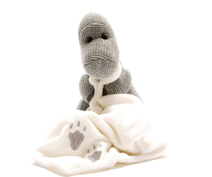 Knitted Grey Diplodocus Plush Toy with Comfort Blanket