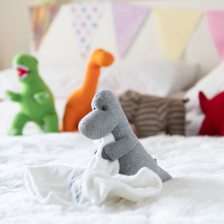 Knitted Grey Diplodocus Plush Toy with Comfort Blanket